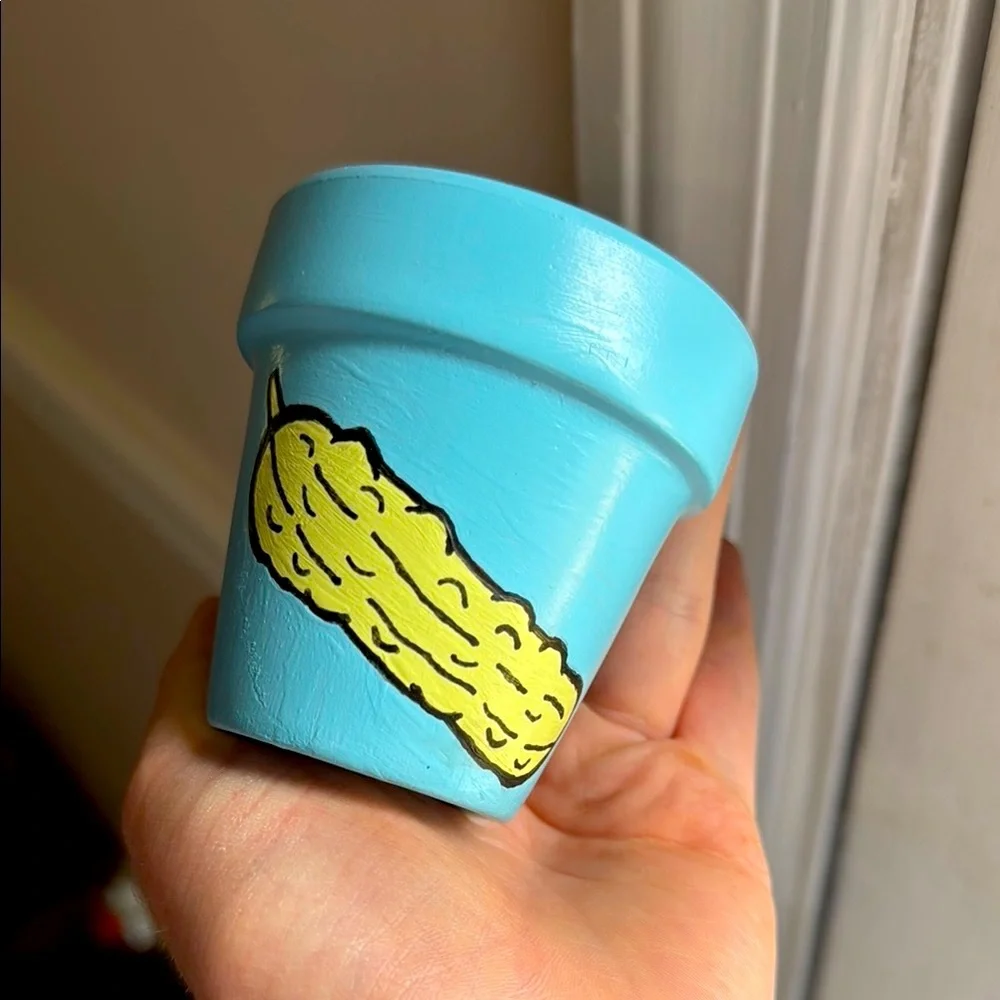 Hand-Painted Blue and Green Pickle 2” Pot